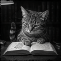 Cat sitting on an open book with a black and white color scheme