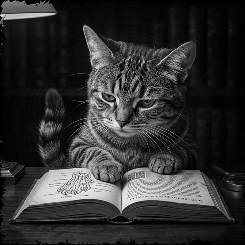 Cat sitting on an open book with a black and white color scheme