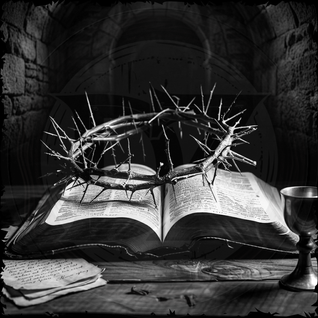Open book with a crown of thorns on top, surrounded by religious items in a dark setting.