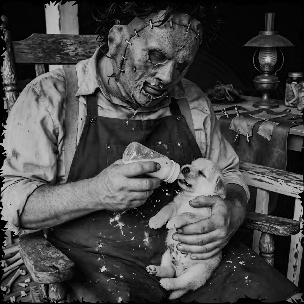 Person in a horror-themed costume feeding a puppy with a bottle, sitting on a wooden bench.