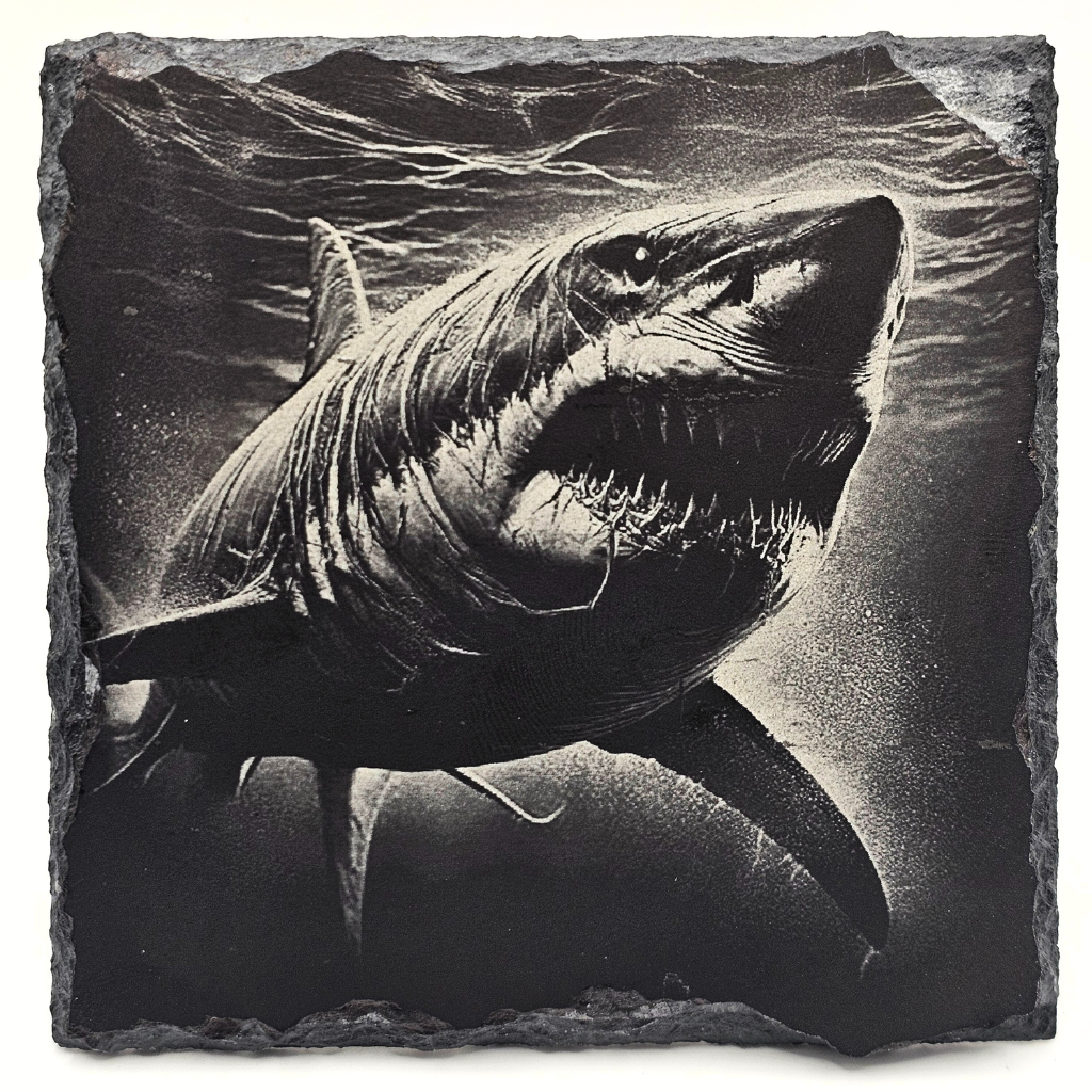 Shark design on a slate tile with a dark background