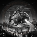 Helicopter flying over a cityscape at night with illuminated buildings.