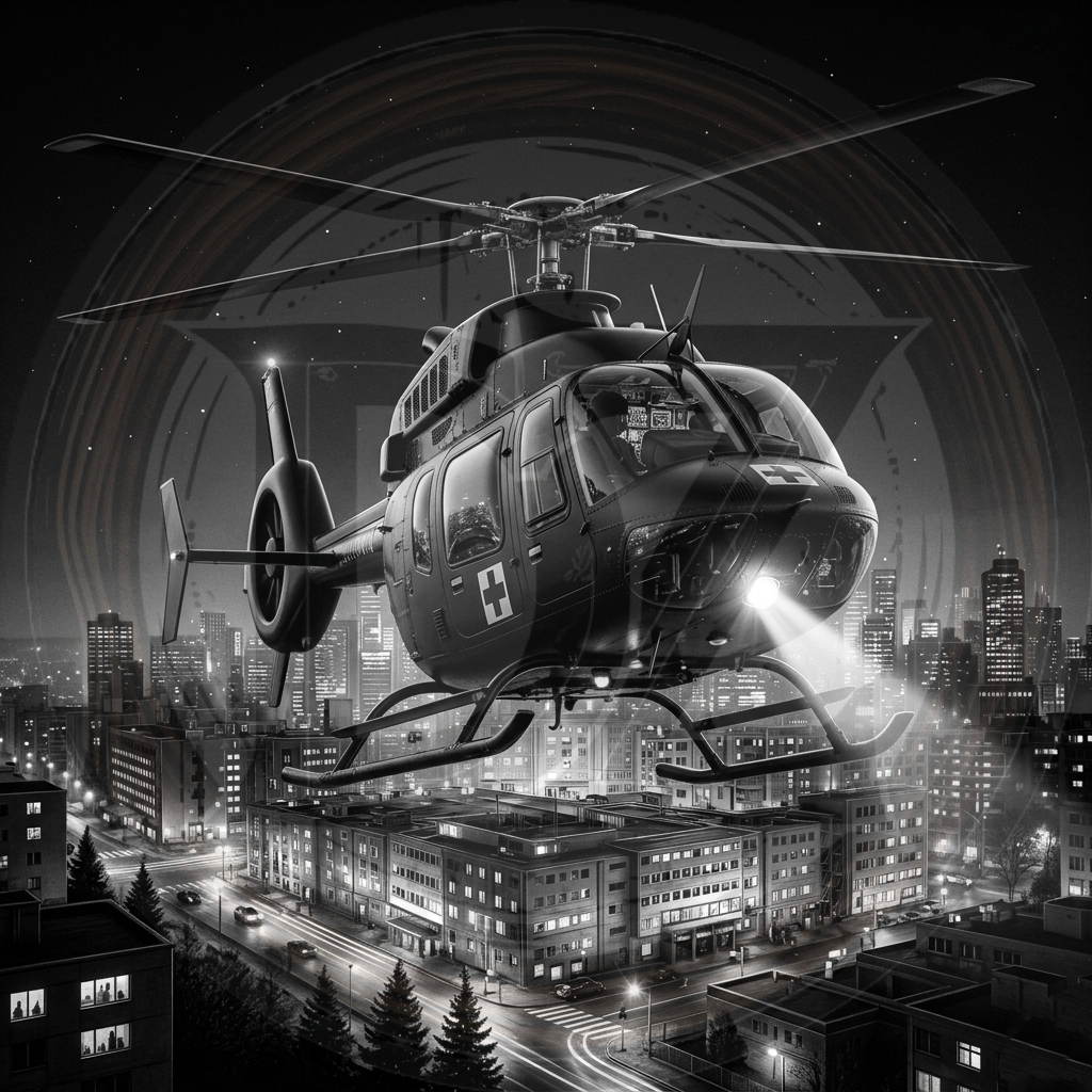 Helicopter flying over a cityscape at night with illuminated buildings.