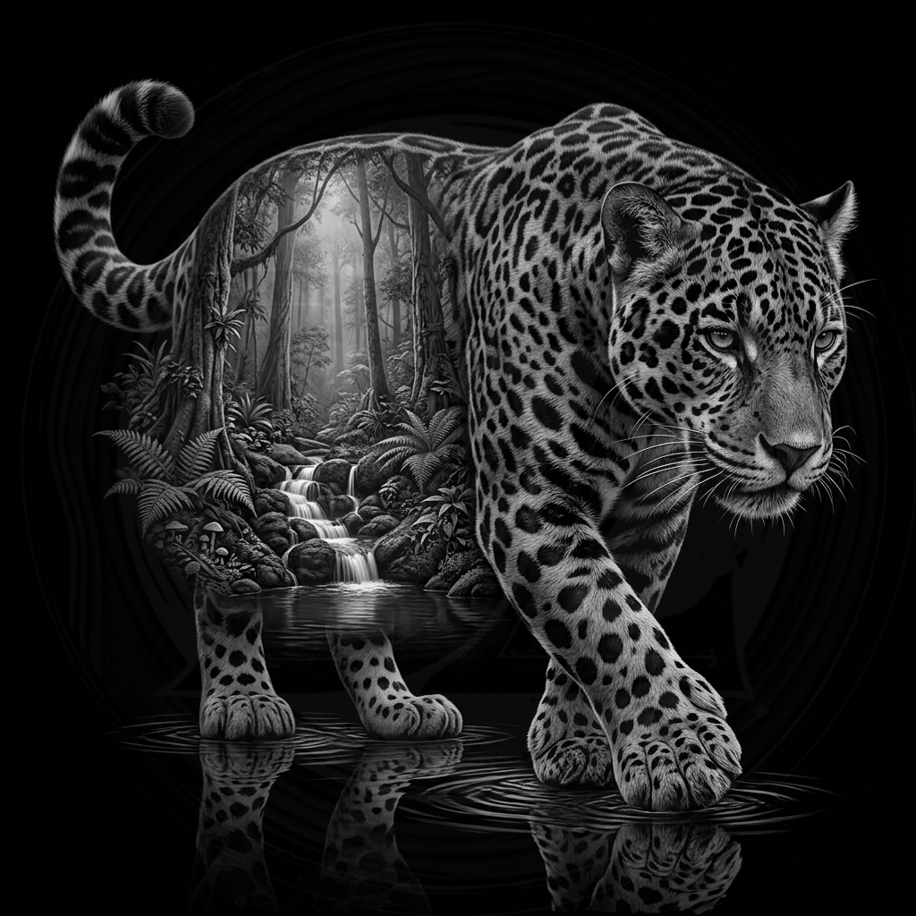 Leopard walking on a reflective surface with a forest background