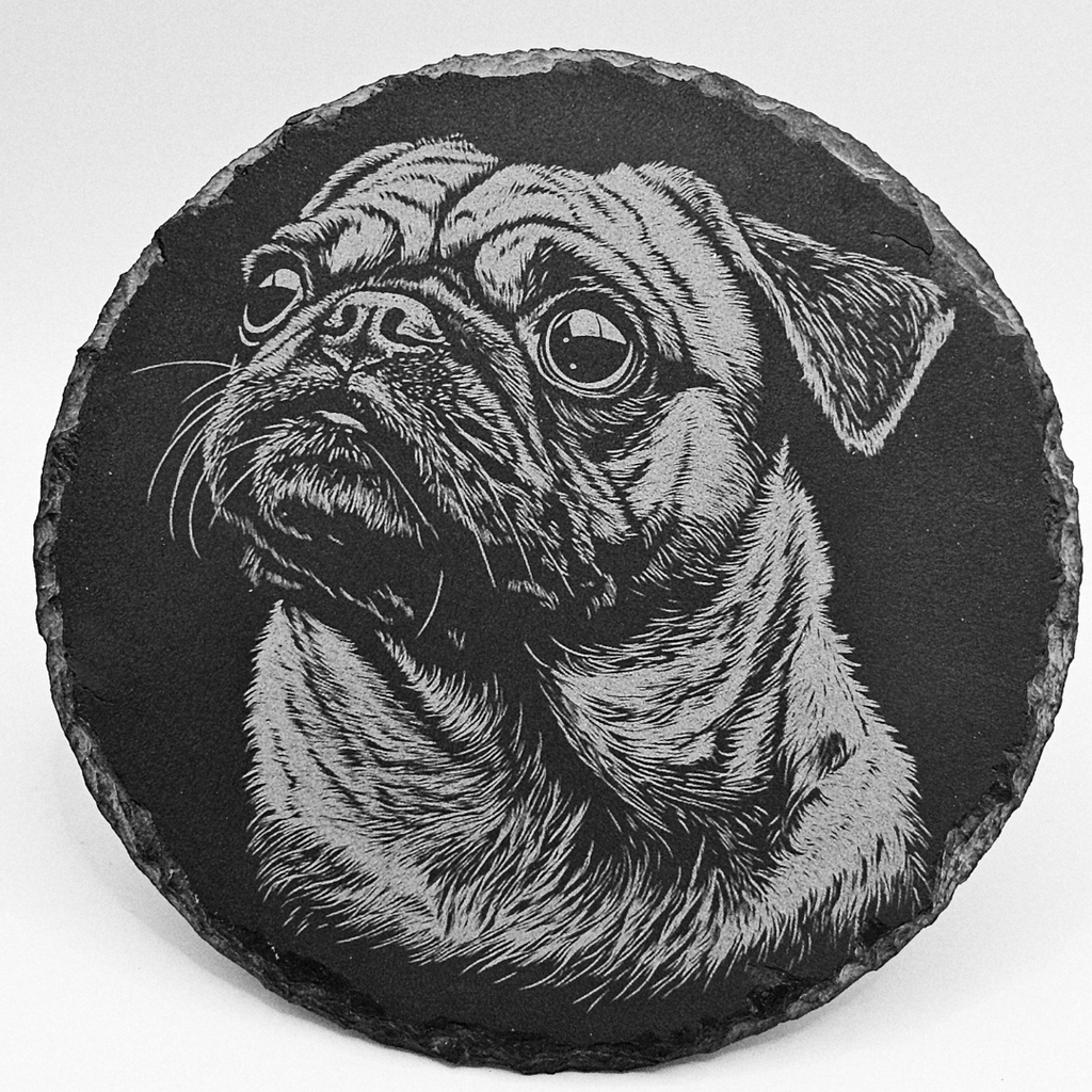 Round slate coaster with a pug illustration on a white background