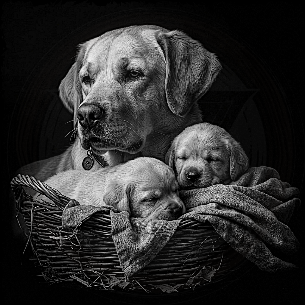 Black and white photo of a dog with two puppies in a basket