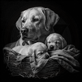 Black and white photo of a dog with two puppies in a basket