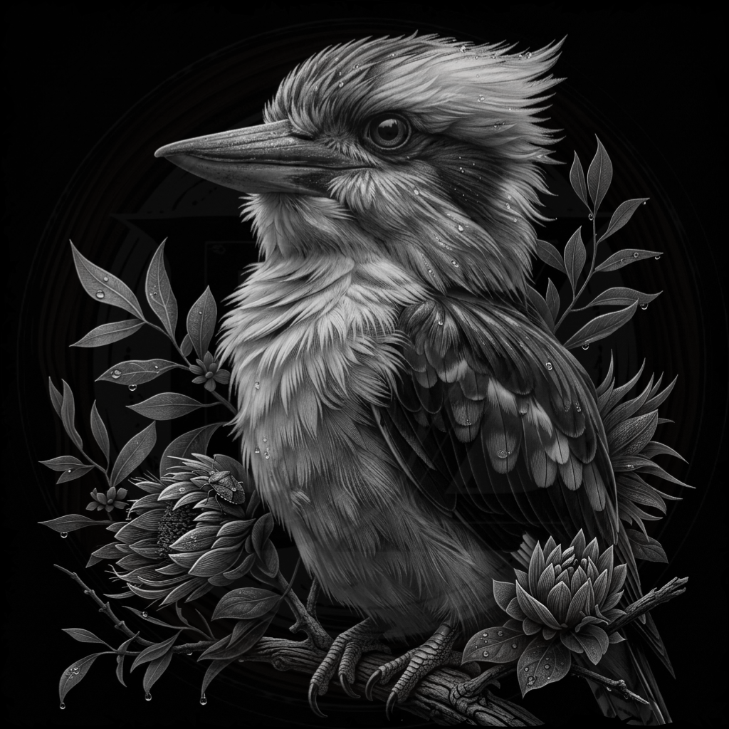 Black and white illustration of a kookaburra with leaves and flowers on a dark background