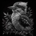Black and white illustration of a kookaburra with leaves and flowers on a dark background