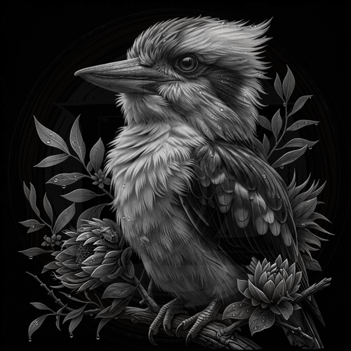 Black and white illustration of a kookaburra with leaves and flowers on a dark background