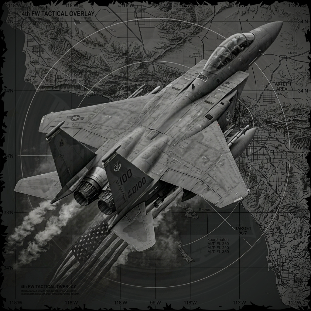 Black and white fighter jet flying over a map with radar overlay