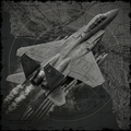 Black and white fighter jet flying over a map with radar overlay