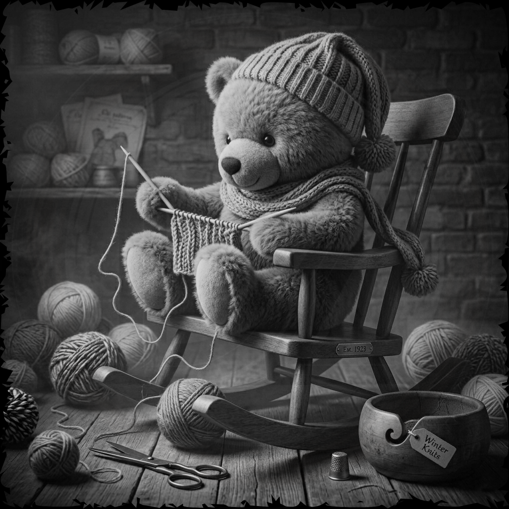Teddy bear sitting in a rocking chair knitting, surrounded by yarn and knitting tools.