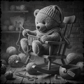 Teddy bear sitting in a rocking chair knitting, surrounded by yarn and knitting tools.