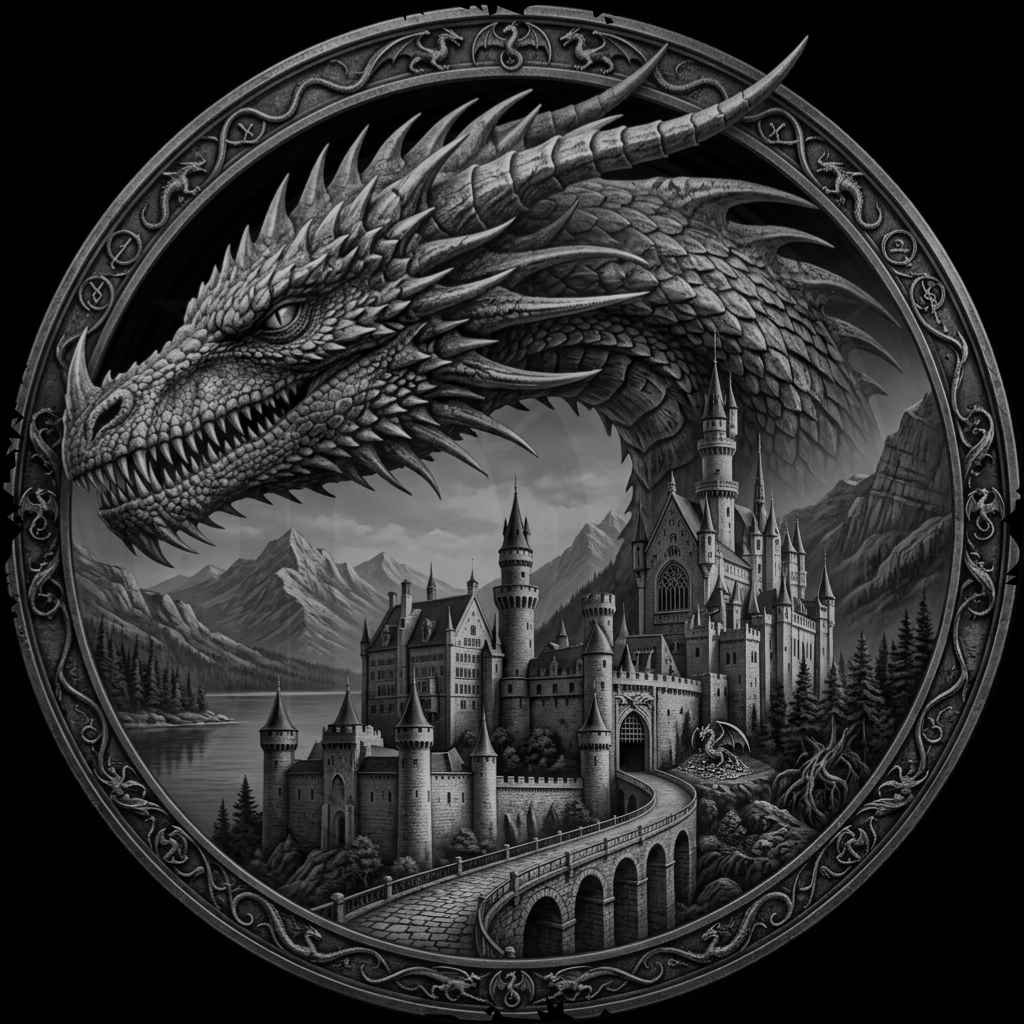 Decorative emblem with a dragon and castle in the center, surrounded by intricate patterns.