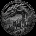 Decorative emblem with a dragon and castle in the center, surrounded by intricate patterns.