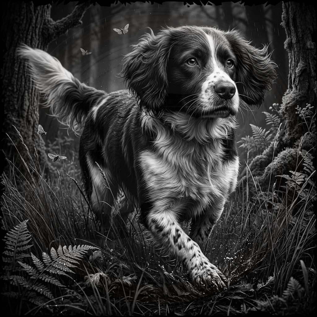 Dog standing in a forest with butterflies around