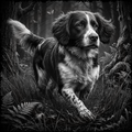 Dog standing in a forest with butterflies around