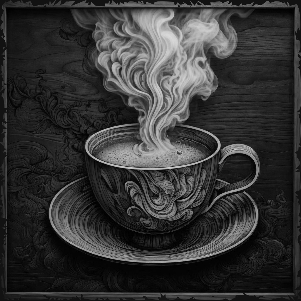 Black and white illustration of a steaming coffee cup on a wooden surface