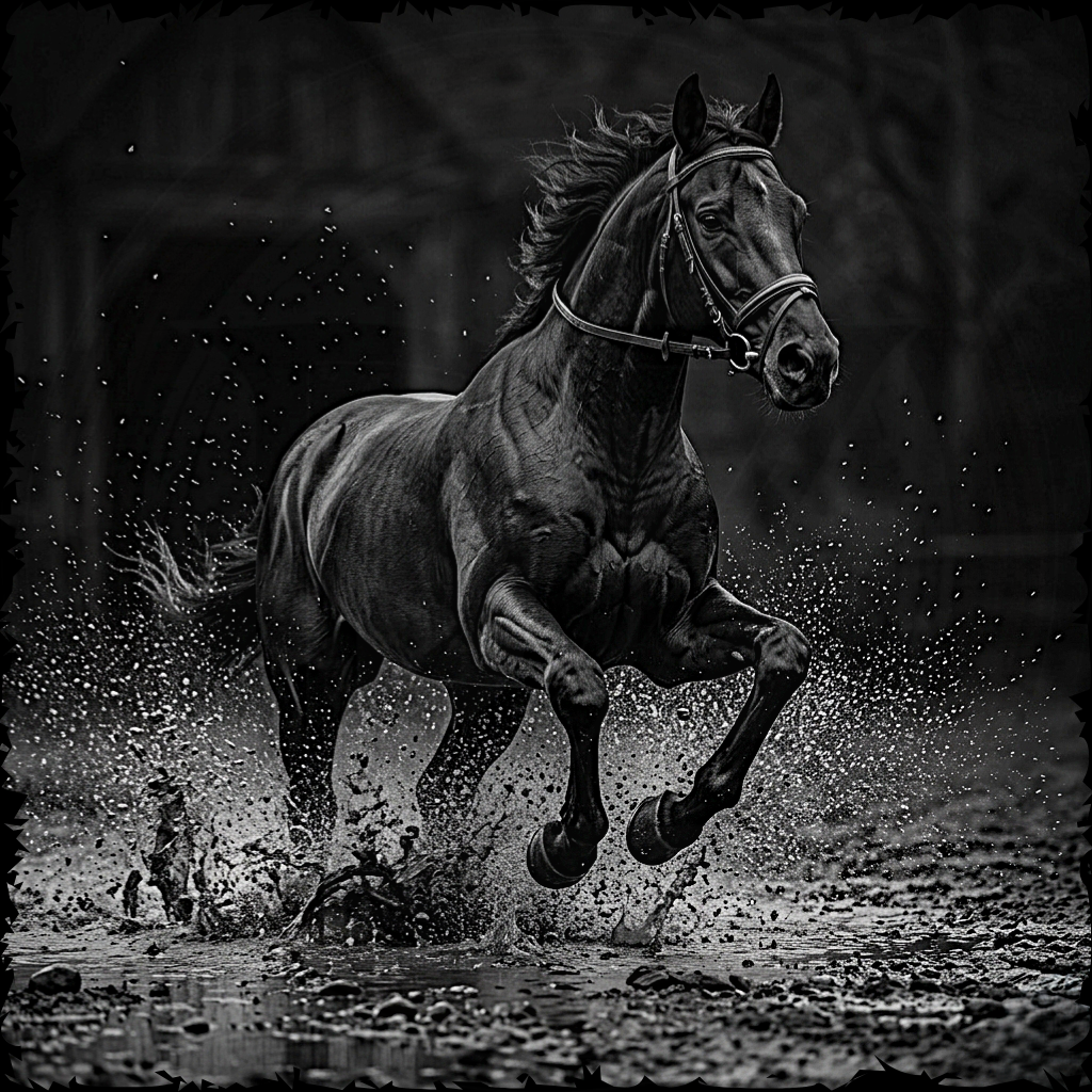 Black and white horse running through water with a dark background