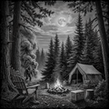 Camping scene with a tent, campfire, and chair in a forest at night with a full moon.