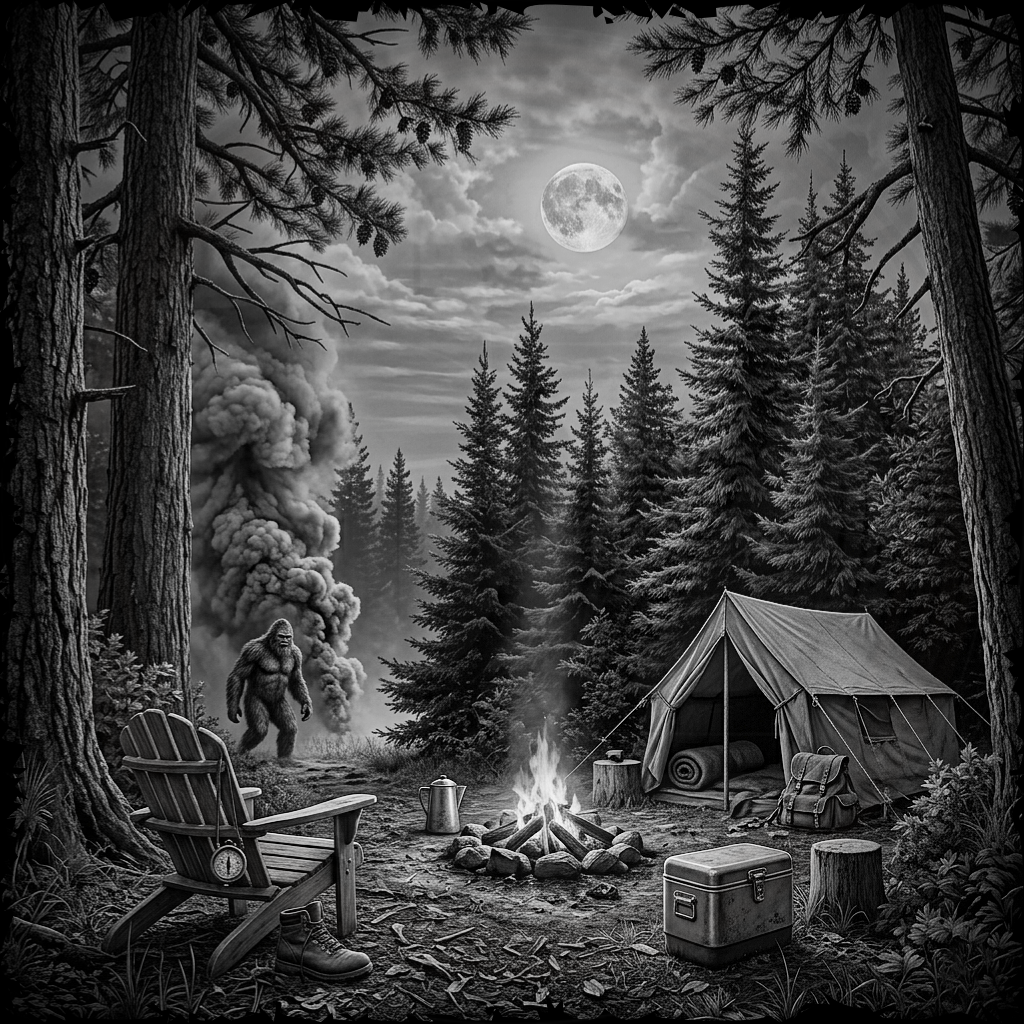 Camping scene with a tent, campfire, and chair in a forest at night with a full moon.