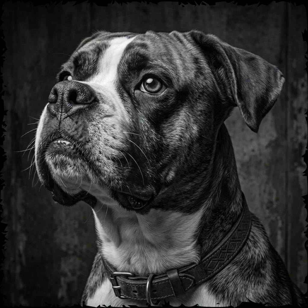 Black and white photo of a dog wearing a collar against a dark background