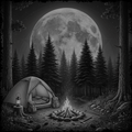 Camping scene in a forest under a large moon