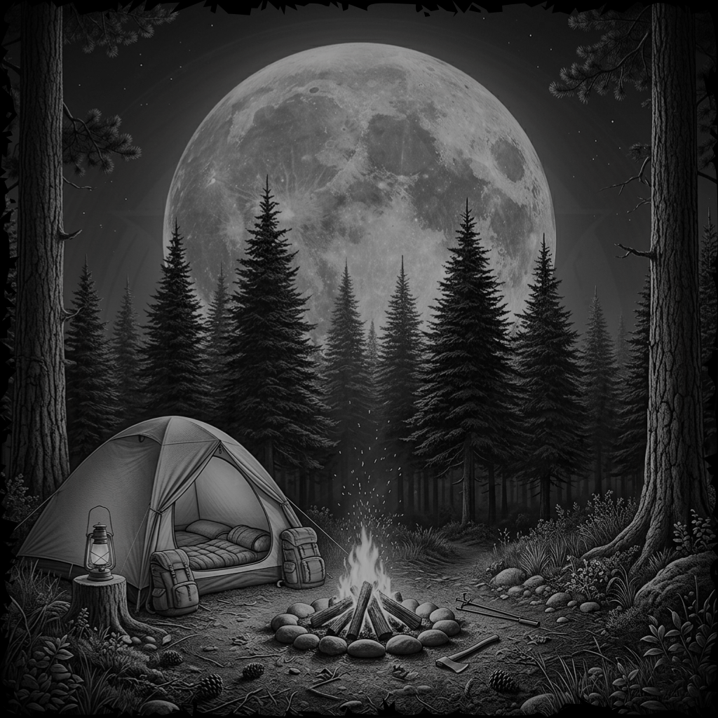 Camping scene in a forest under a large moon