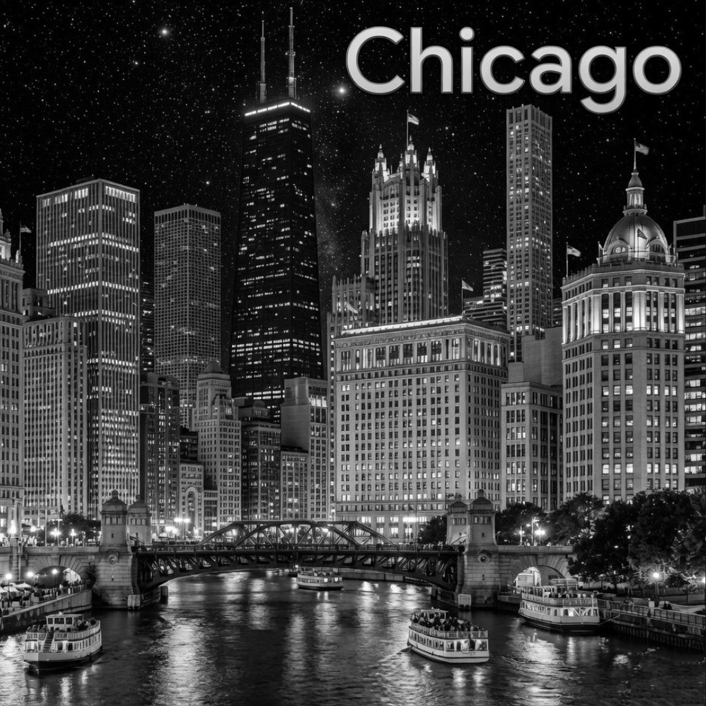 Black and white cityscape of Chicago with illuminated buildings and a river.