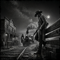 Cowboy standing on a wooden fence looking at a steam train in a western town at night.
