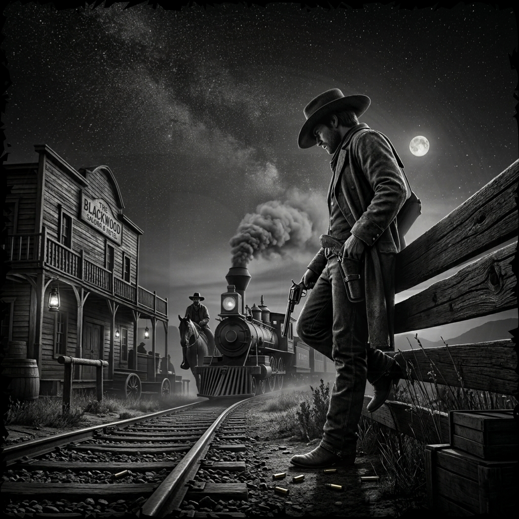Cowboy standing on a wooden fence looking at a steam train in a western town at night.