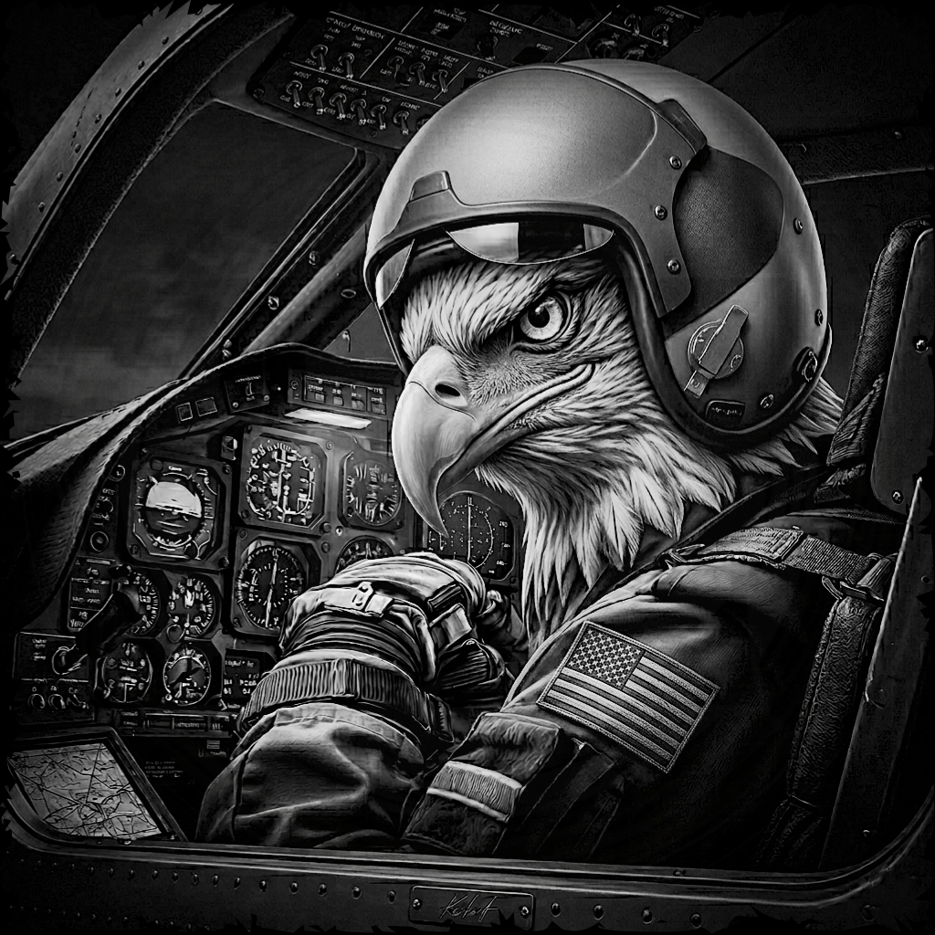 Eagle wearing a helmet and American flag patch inside a cockpit.