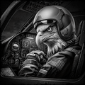 Eagle wearing a helmet and American flag patch inside a cockpit.