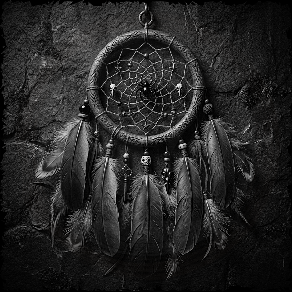 Black and white dreamcatcher with feathers and beads on a dark stone background