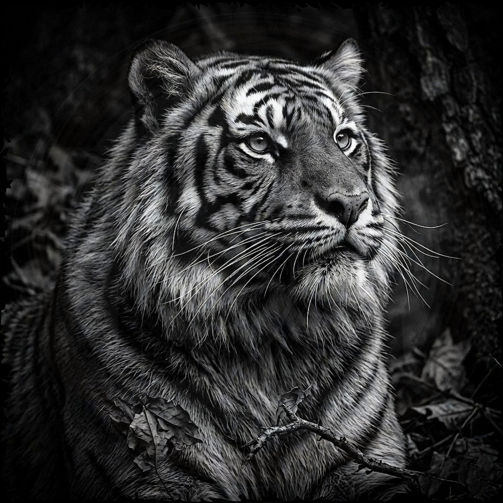 Black and white photo of a tiger in a natural setting