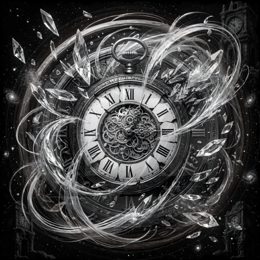 Artistic depiction of a clock with swirling designs and crystals on a dark background