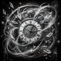 Artistic depiction of a clock with swirling designs and crystals on a dark background
