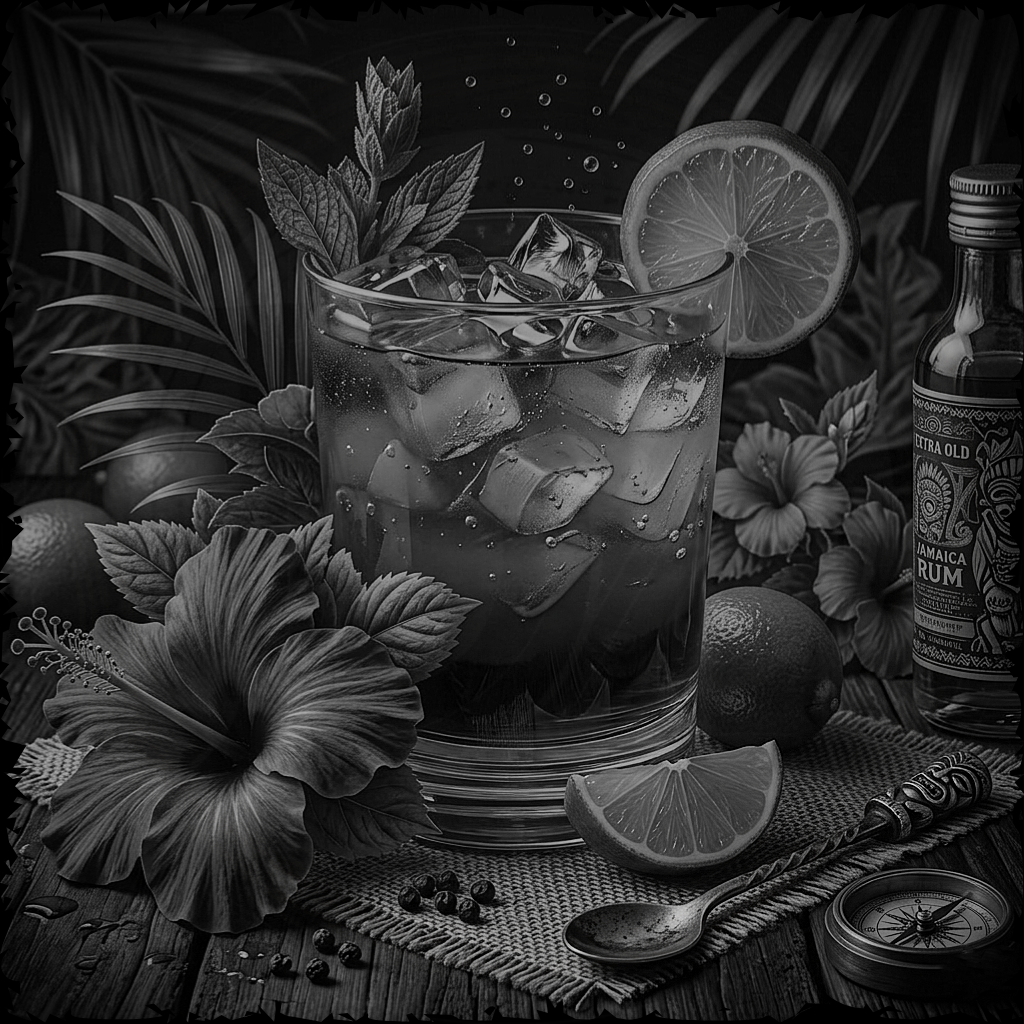 Black and white still life of a cocktail with ice, lime slices, and herbs on a textured surface with floral and leaf background.