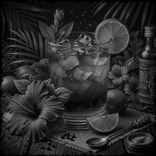 Black and white still life of a cocktail with ice, lime slices, and herbs on a textured surface with floral and leaf background.