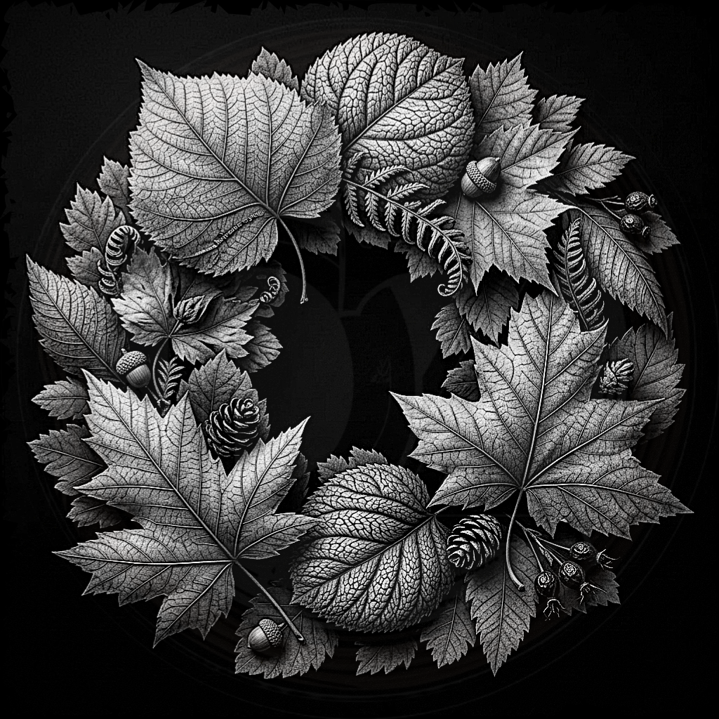 Black and white illustration of leaves and acorns on a dark background