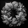 Black and white illustration of leaves and acorns on a dark background