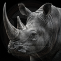Black and white photo of a rhinoceros with a dark background