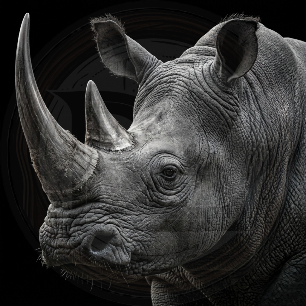Black and white photo of a rhinoceros with a dark background