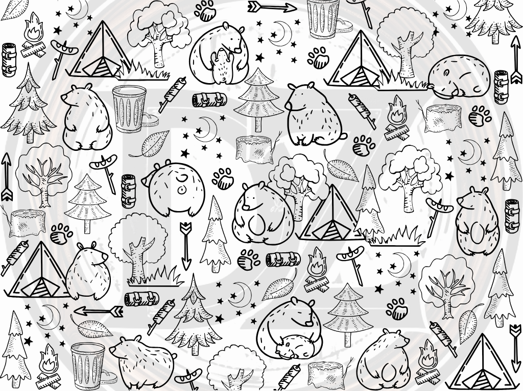 Circular design with black line art of camping elements including tents, trees, bears, and campfires on a white background.