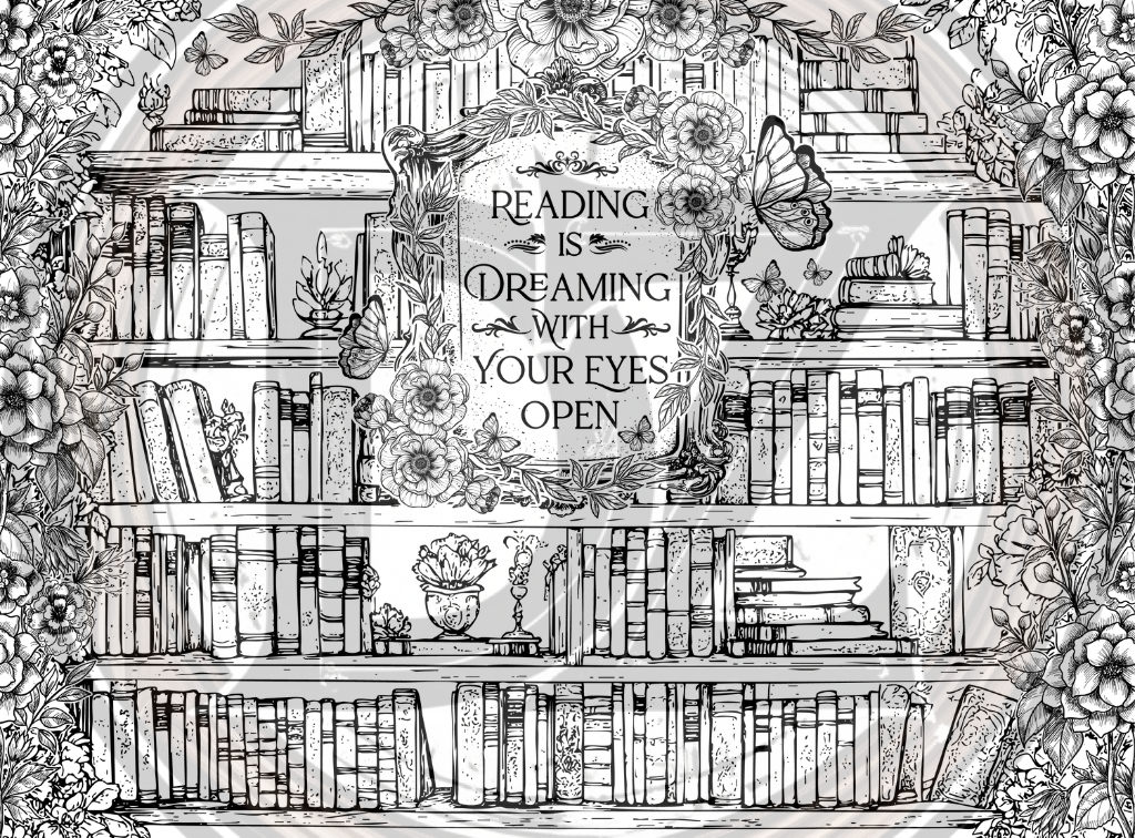 Decorative bookshelf with books and flowers, featuring the quote 'Reading is dreaming with your eyes open'.