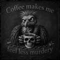 Illustration of an eagle holding a skull-shaped coffee cup with text on a dark background
