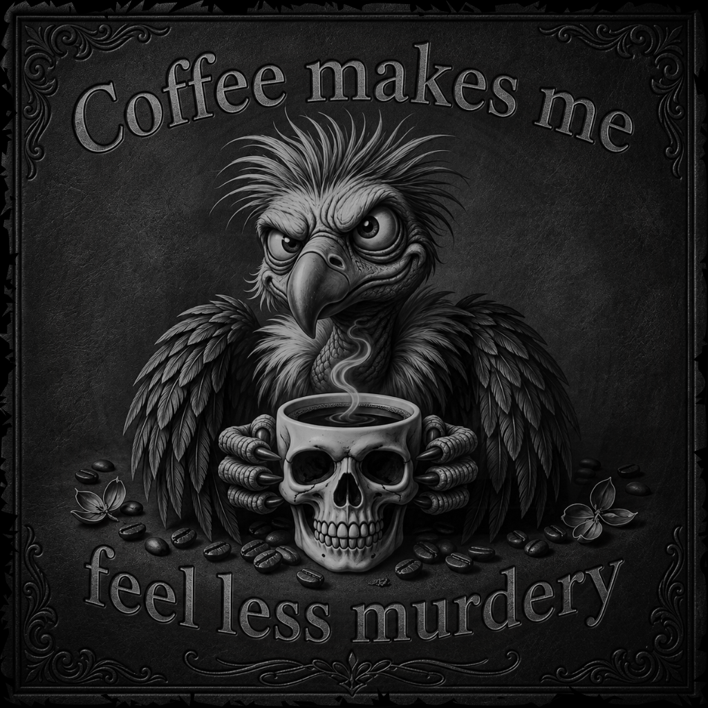Illustration of an eagle holding a skull-shaped coffee cup with text on a dark background