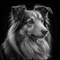 Black and white portrait of a dog with a dark background