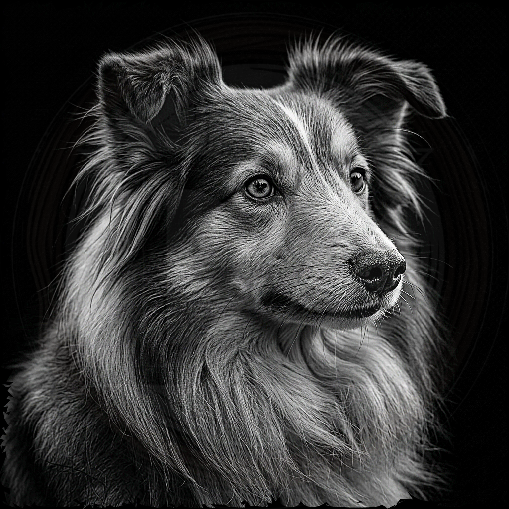 Black and white portrait of a dog with a dark background